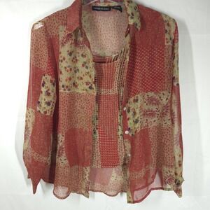 Vtg Y2K 90s Impressions 2pc‎ Patchwork Floral Sheer Blouse & Crinkle Tank Size M